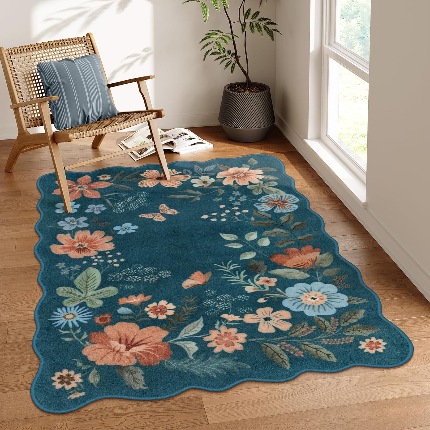Lahome Floral Washable Rugs for Bedroom, Soft Non-Slip Area Rug