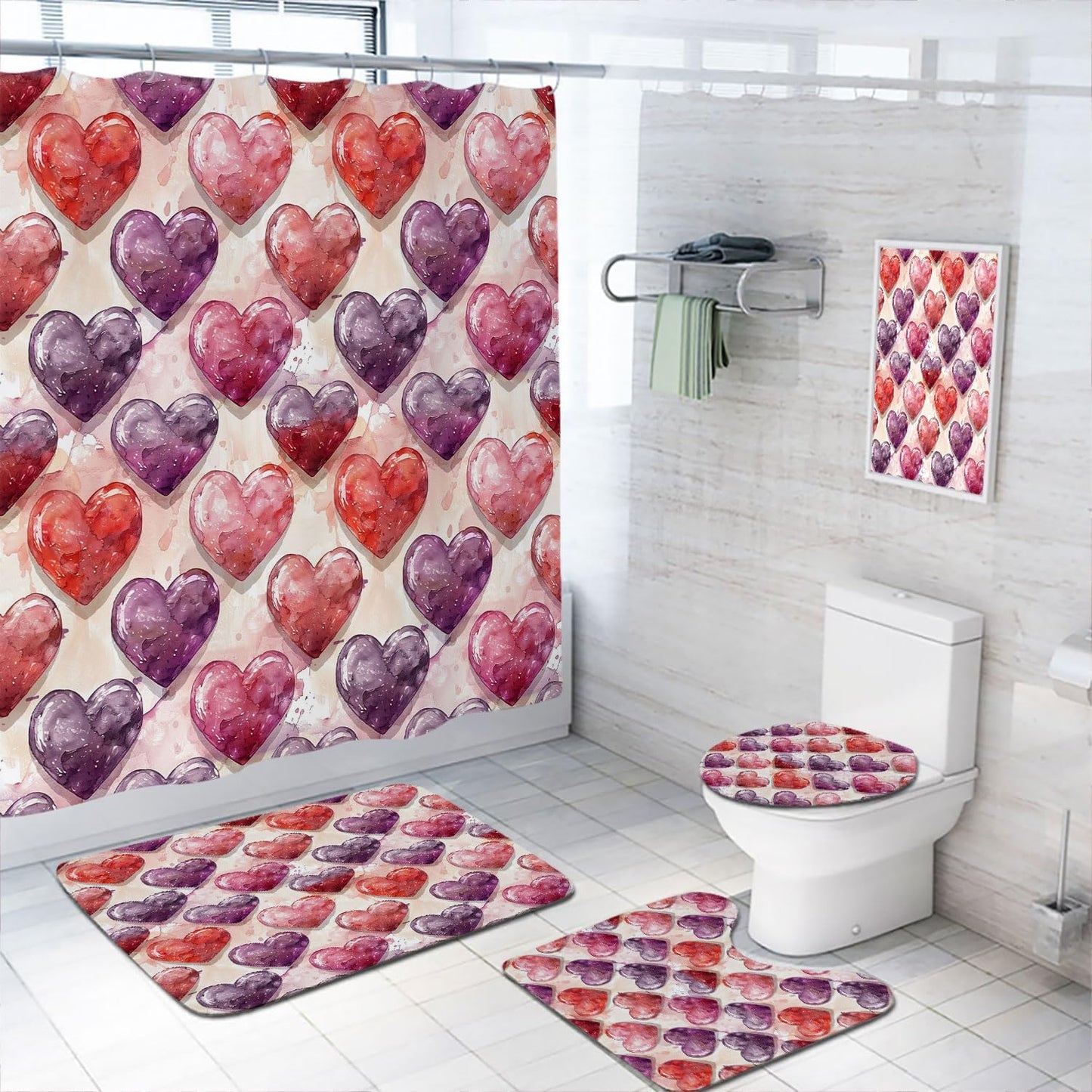 Romantic Heart Bathroom Set with Non-Slip Rugs - Yozeuoo