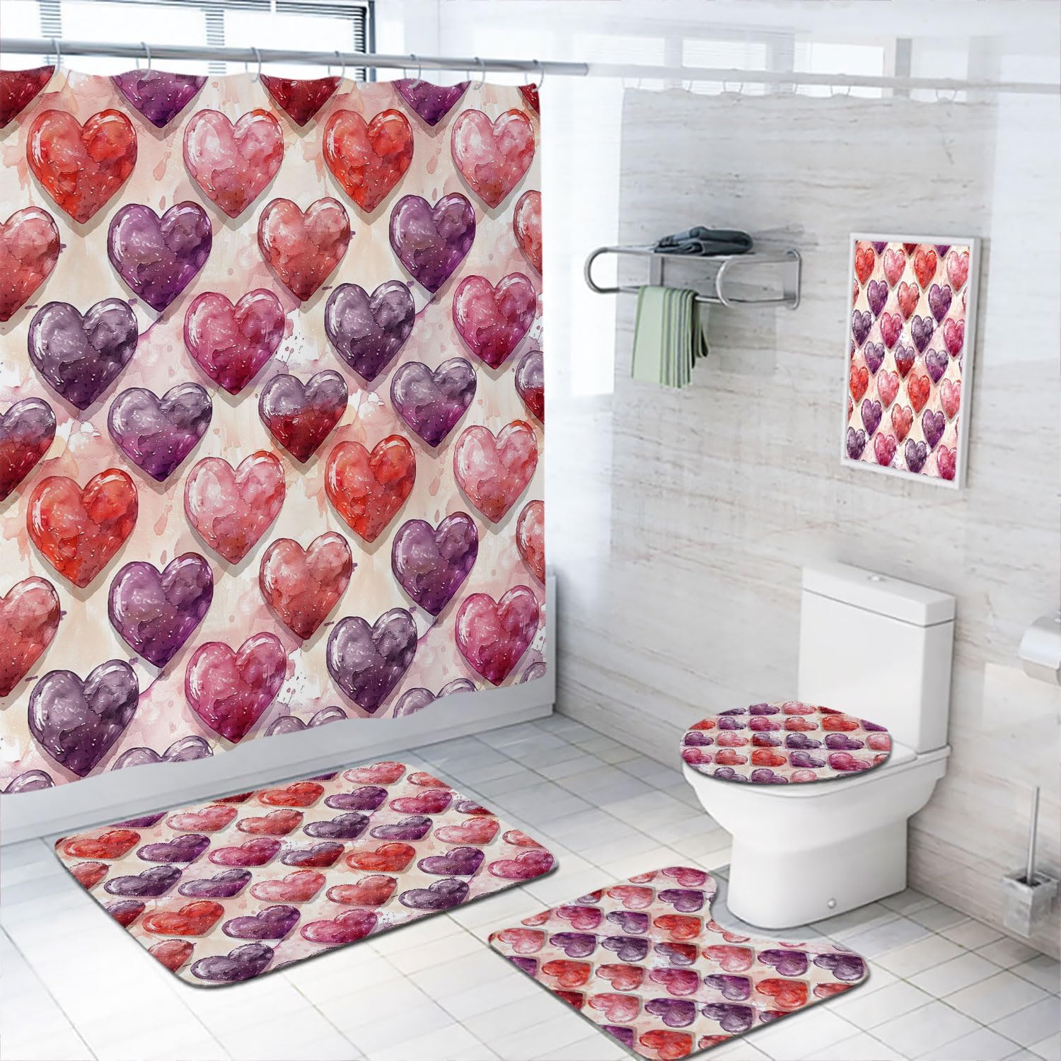 Romantic Heart Bathroom Set with Non-Slip Rugs - Yozeuoo