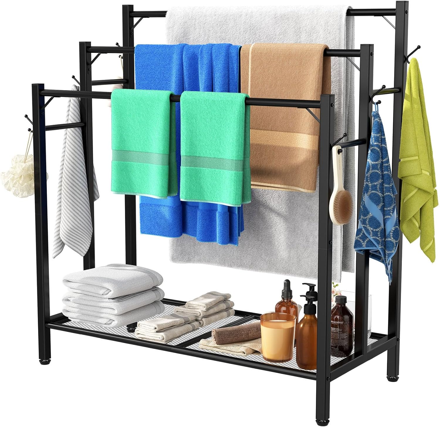 3 Tier Towel Rack with Large Storage & 6 Hooks for Towels
