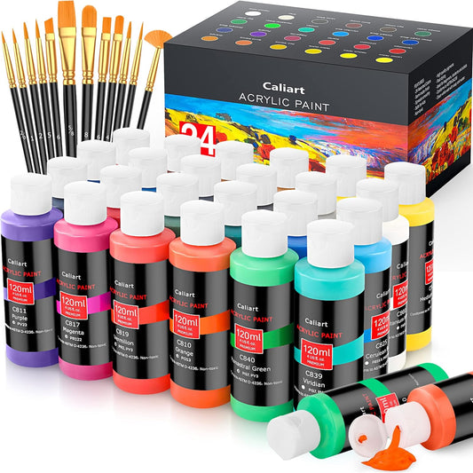 Caliart Acrylic Paint Set for Artists with 12 Brushes and 24 Colors