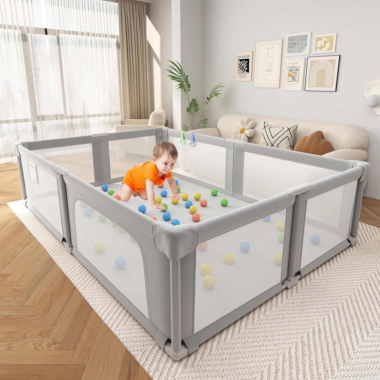 Large Foldable Baby Playpen with Soft Mesh and Ocean Balls