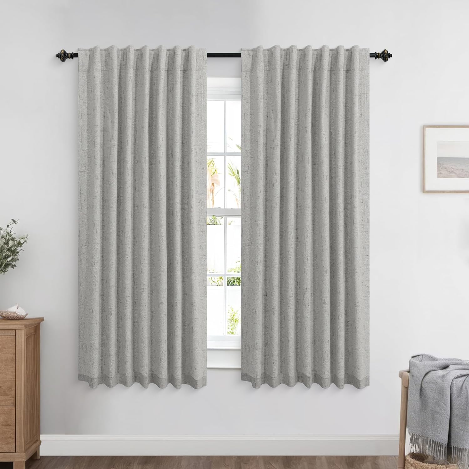 KOUFALL Light Grey Back Tab Linen Blackout Curtains for Bedroom