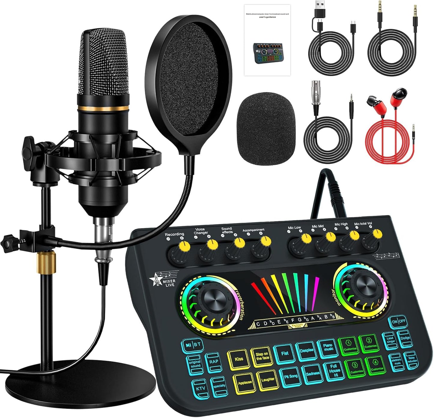 Podcast Equipment Bundle with Live Sound Card Mixer for Streaming