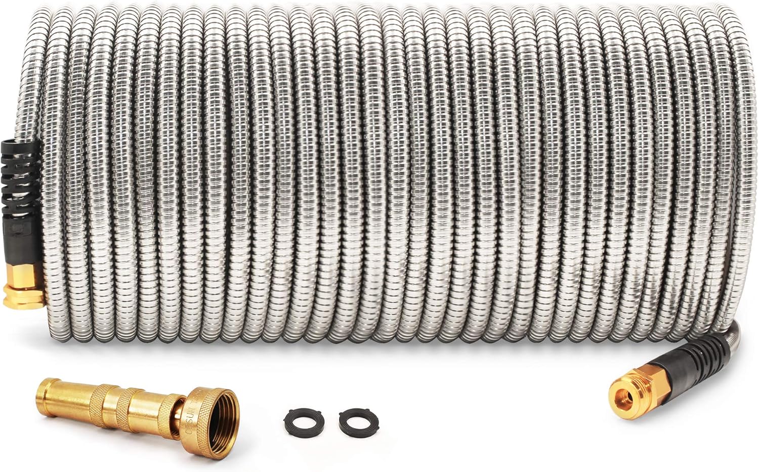 Durable 100 ft Metal Garden Hose with Brass Nozzle for Outdoors