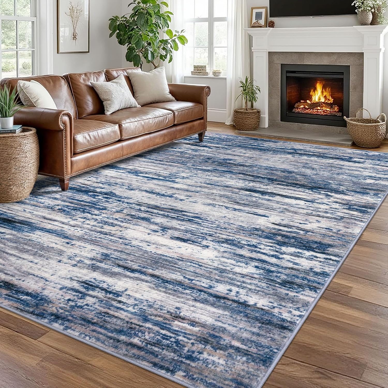 Navy Blue Gray Multi 8x10 Modern Abstract Area Rug for Home