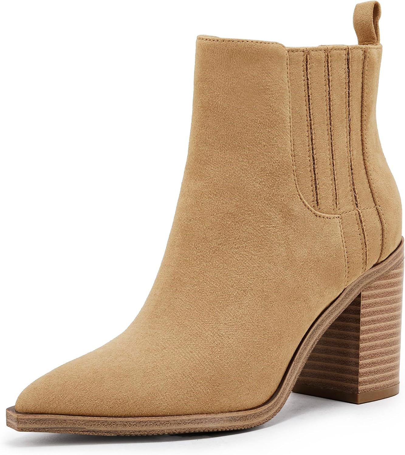 Womens Ankle Boots Slip on Pointed Toe Chunky Block Mid Heel