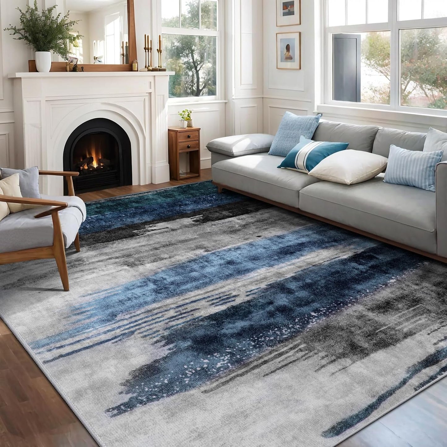 Ciicool Modern Abstract Deep Blue Gray Rug for Living Room
