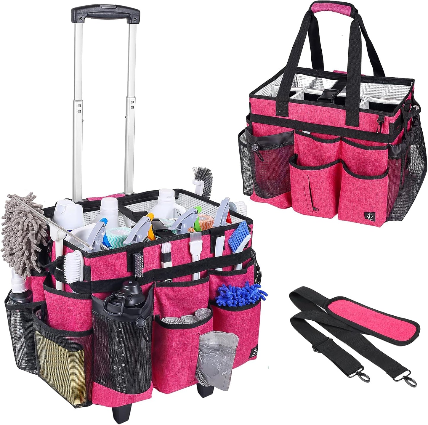 Extra Large Rolling Cleaning Caddy Bag with Detachable Trolley