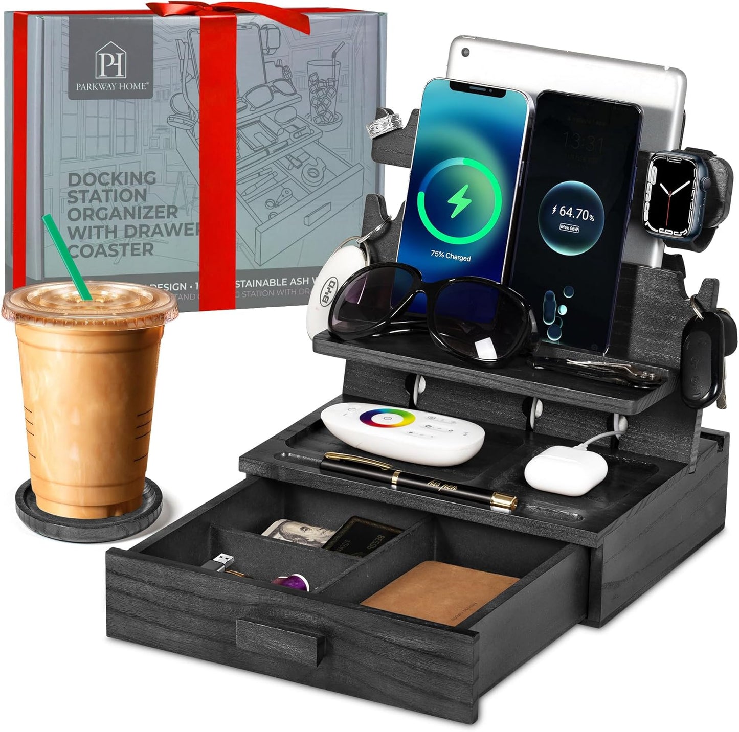 Black Wood Phone Docking Station for 3 Devices - Nightstand Organizer