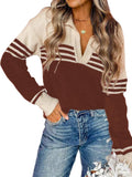 V Neck Color Block Sweater Polo Pullover - Casual Cozy Fall Knit
