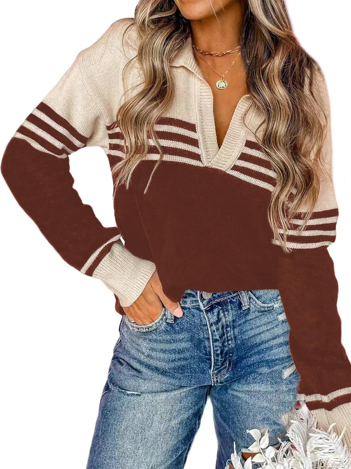 CiCiBird Women Fall V Neck Sweater Color Block Casual Pullover