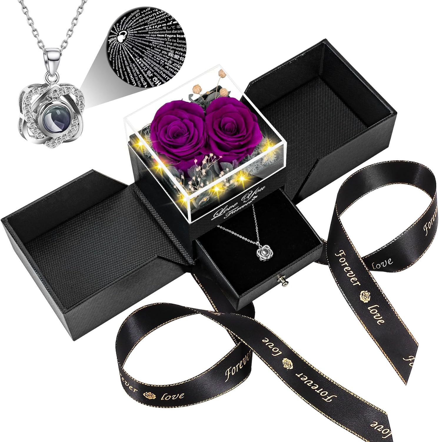 2 Preserved Real Roses with Heart Necklace for Her Gifts