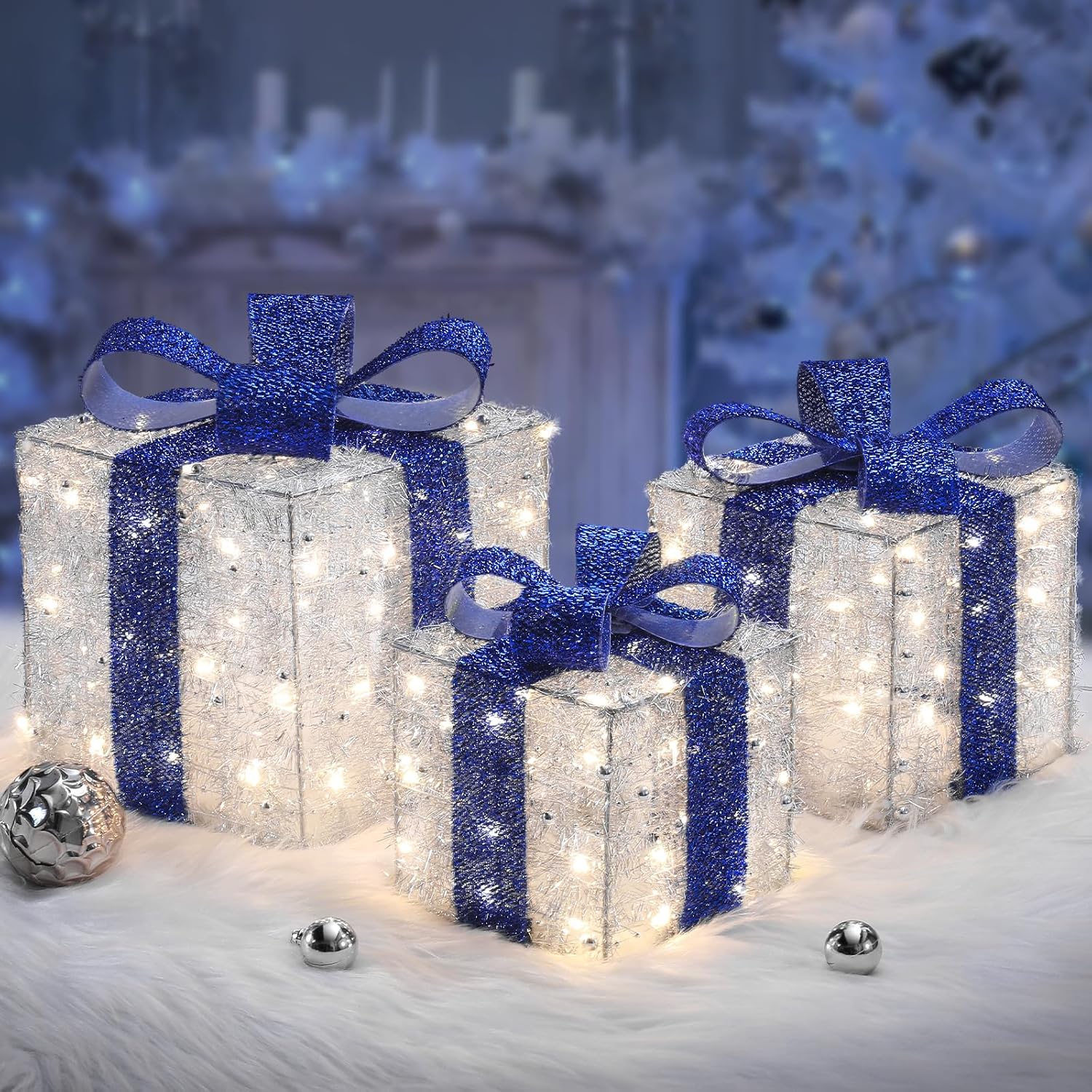 Blue Christmas Decorations with Lighted Gift Boxes for Holidays