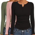 Ekouaer Women's Long Sleeve Henley Tops 3-Pack - Slim Ribbed Base is