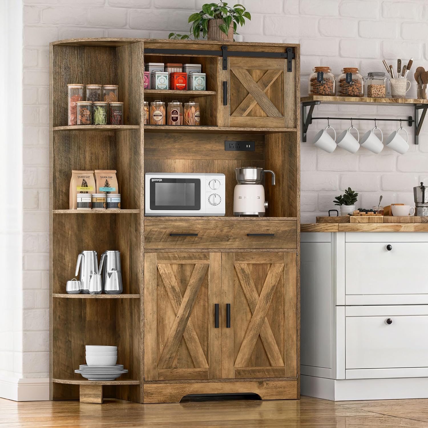 YITAHOME Farmhouse Pantry Cabinet - Power Outlet, Sliding Barn Door