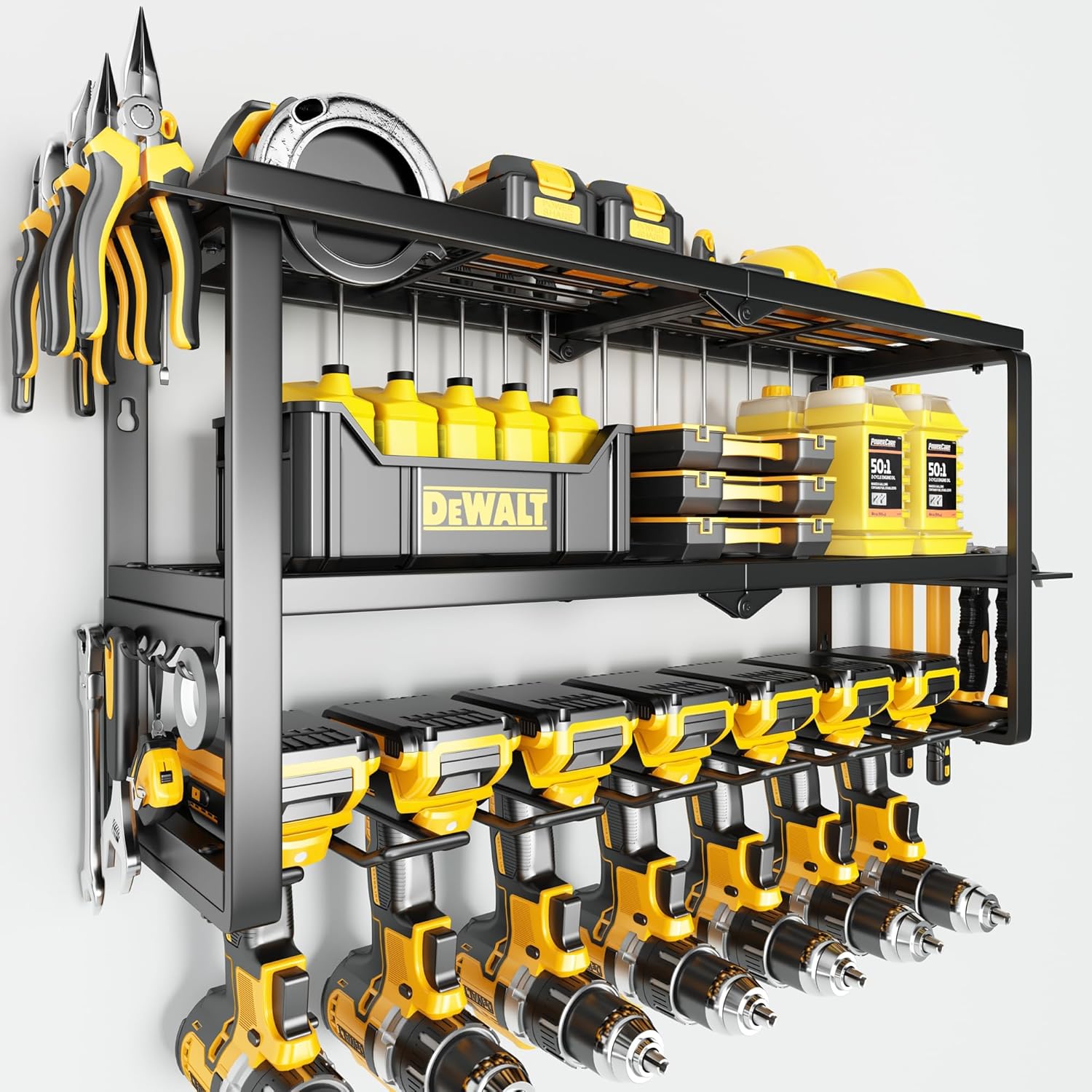 Power Tool Organizer: Heavy Duty Wall Mount Rack - 150lbs Load, 3 Layers, 7 Drill Holders