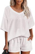 Waffle Knit 2 Piece Short Sleeve V Neck Sweatsuit Set - Casual Lounge