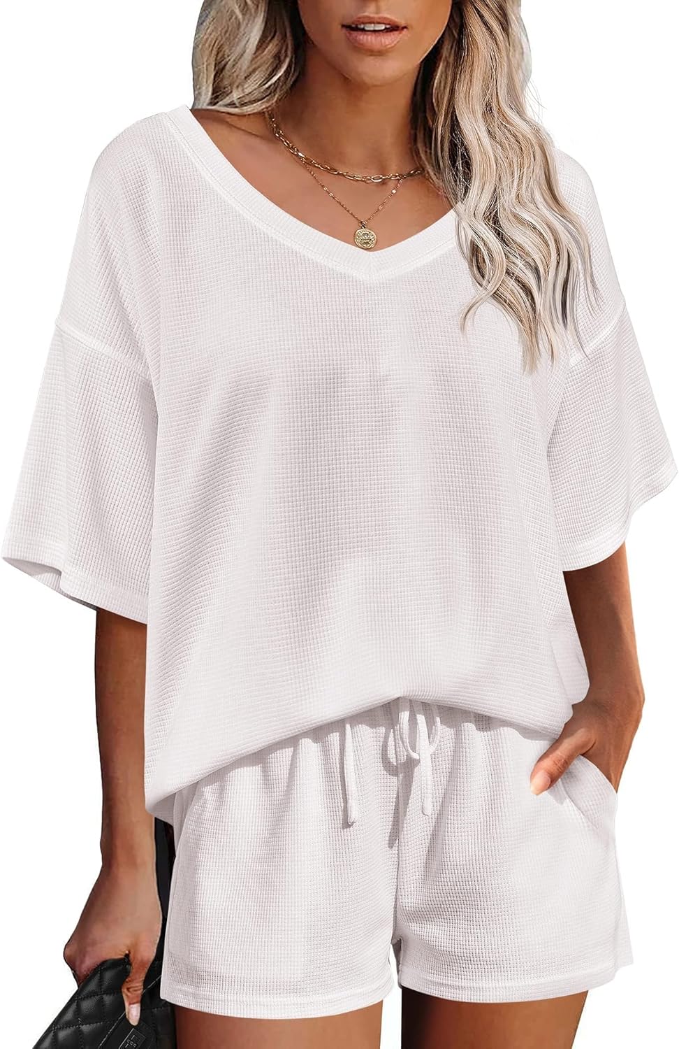 Ekouaer Womens 2 Piece Waffle Knit V Neck Off Shoulder Outfit