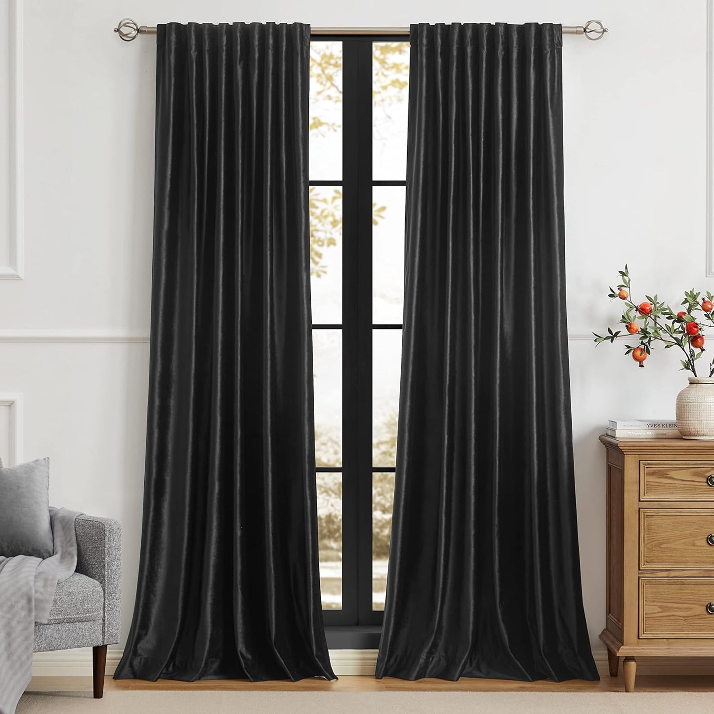 PRIMROSE Black Velvet Curtains 84 inch for Living Room Decor
