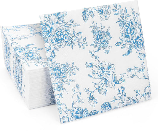 100 Blue Floral Disposable Napkins for Elegant Parties | YOCHANDA
