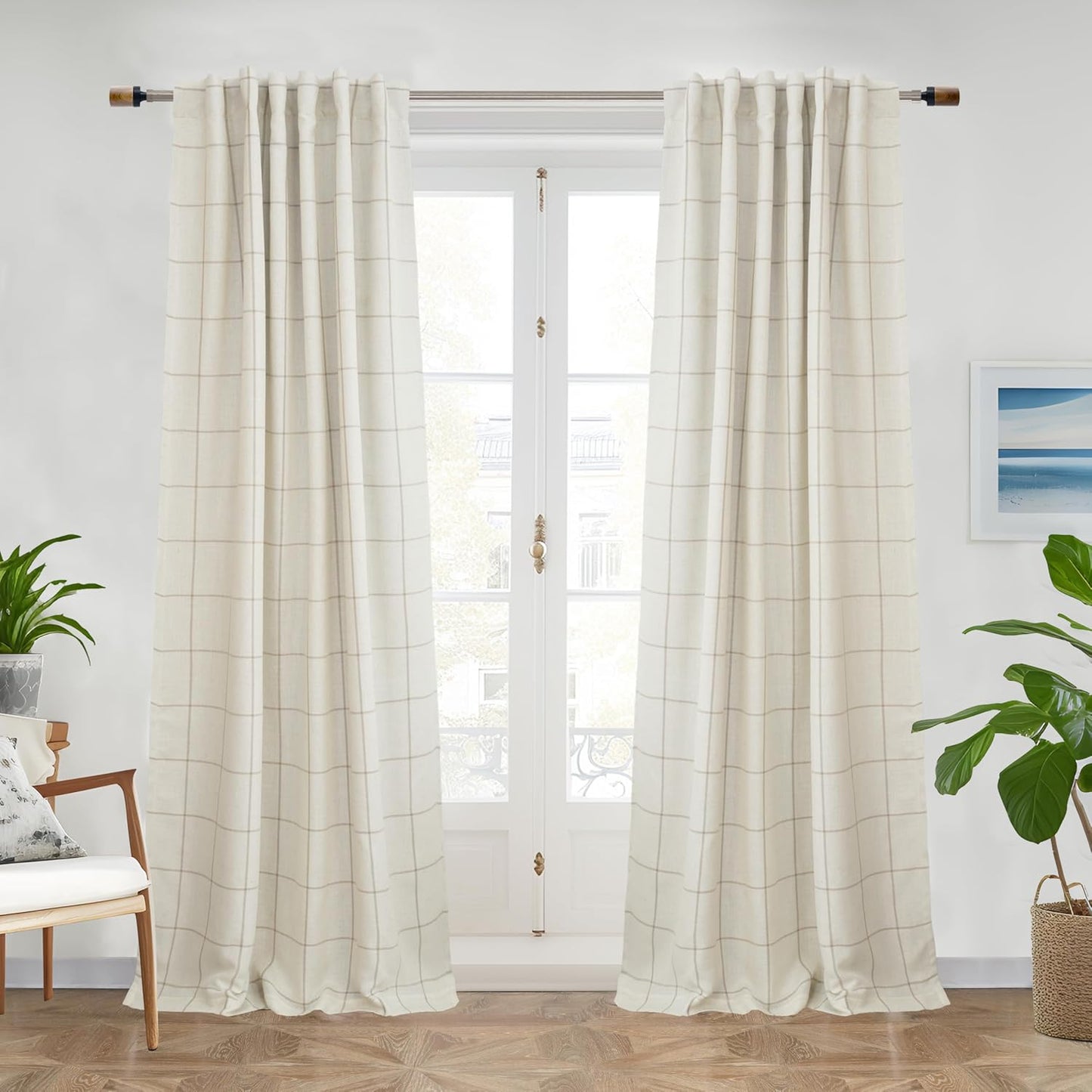 DriftAway 100% Blackout Windowpane Plaid Linen Curtains 84 in