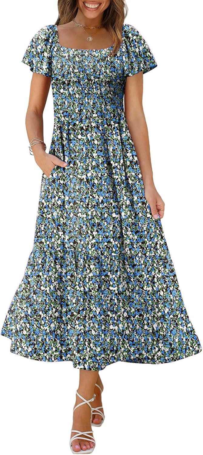 OFEEFAN Summer Dresses for Women with Square Neck and Pockets
