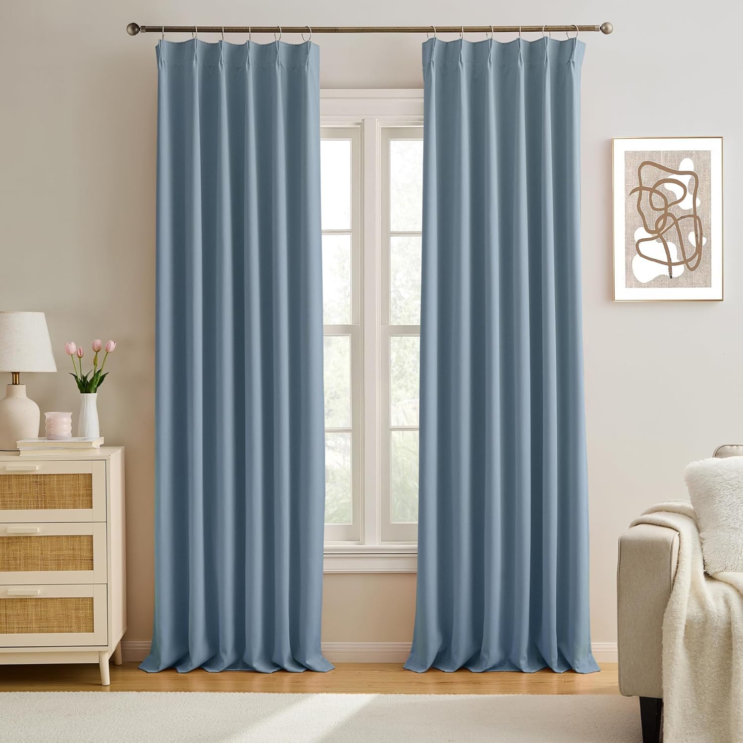 Dusty Blue Pinch Pleated Curtains for Room Darkening Luxury Decor