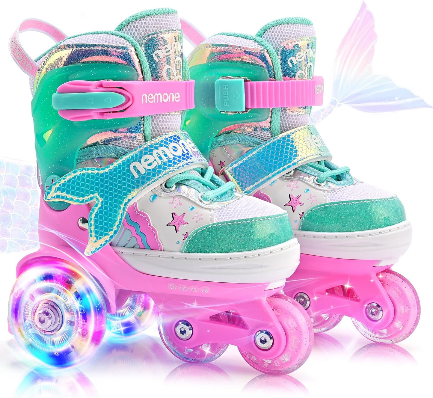 NEMONE Mermaid Light Up Roller Skates for Kids, Adjustable Fun