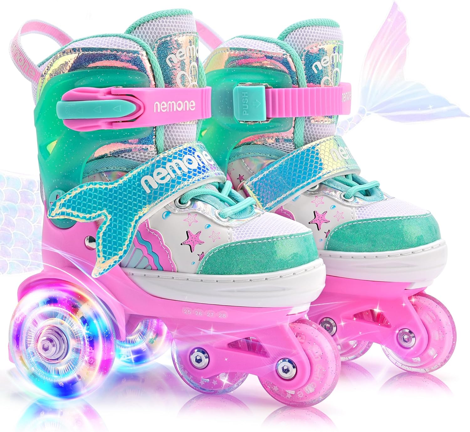 NEMONE Mermaid Light Up Roller Skates for Kids, Adjustable Fun