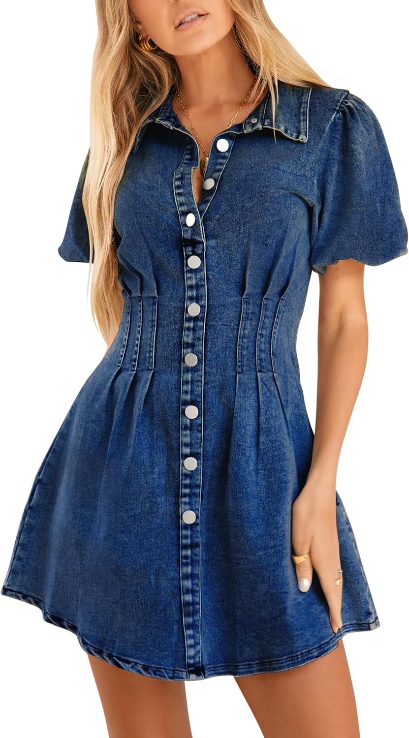 KDF Summer Denim Dress for Women with Puff Sleeves and Style