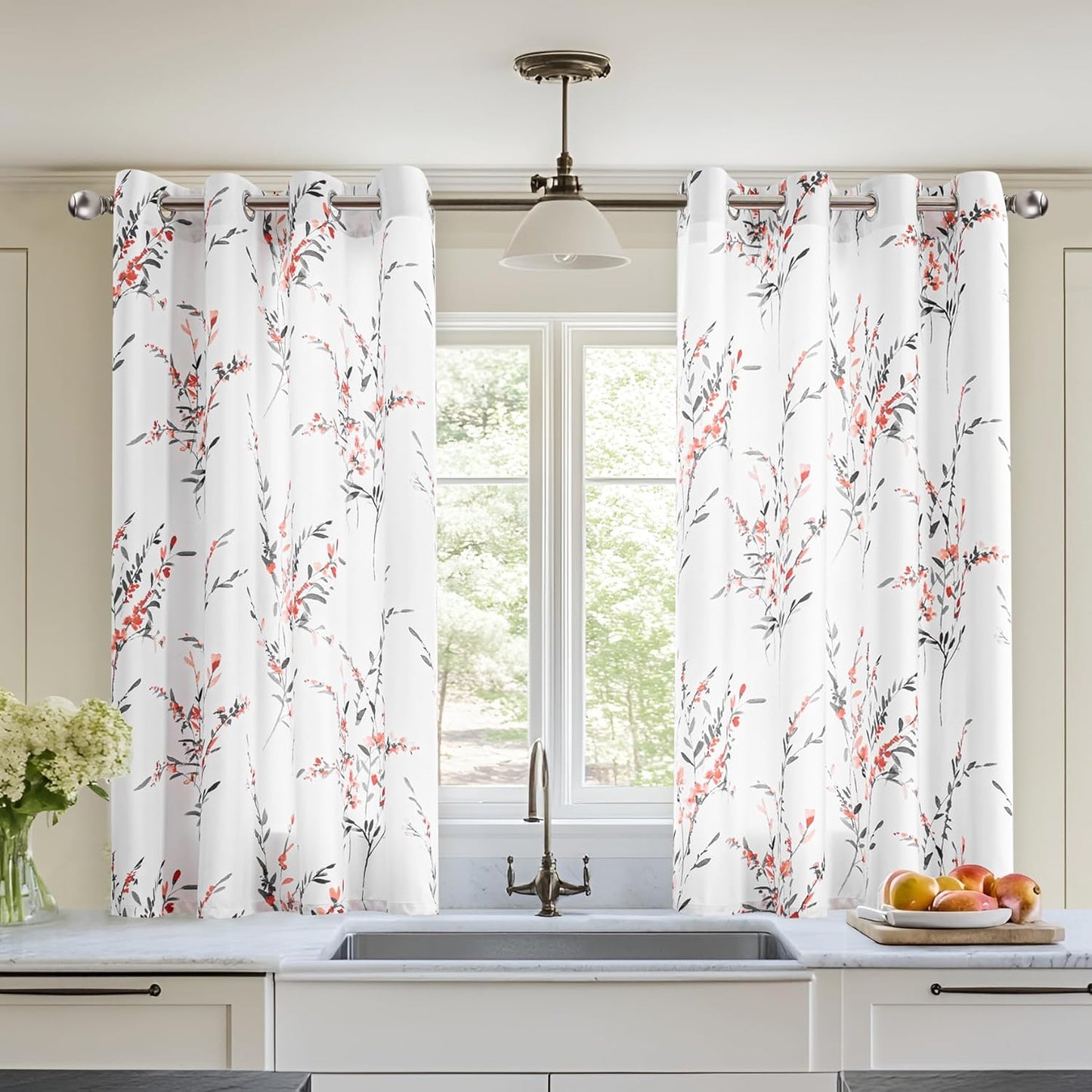 MYSKY HOME Kitchen Curtains 45 inch Length Floral Design Panels