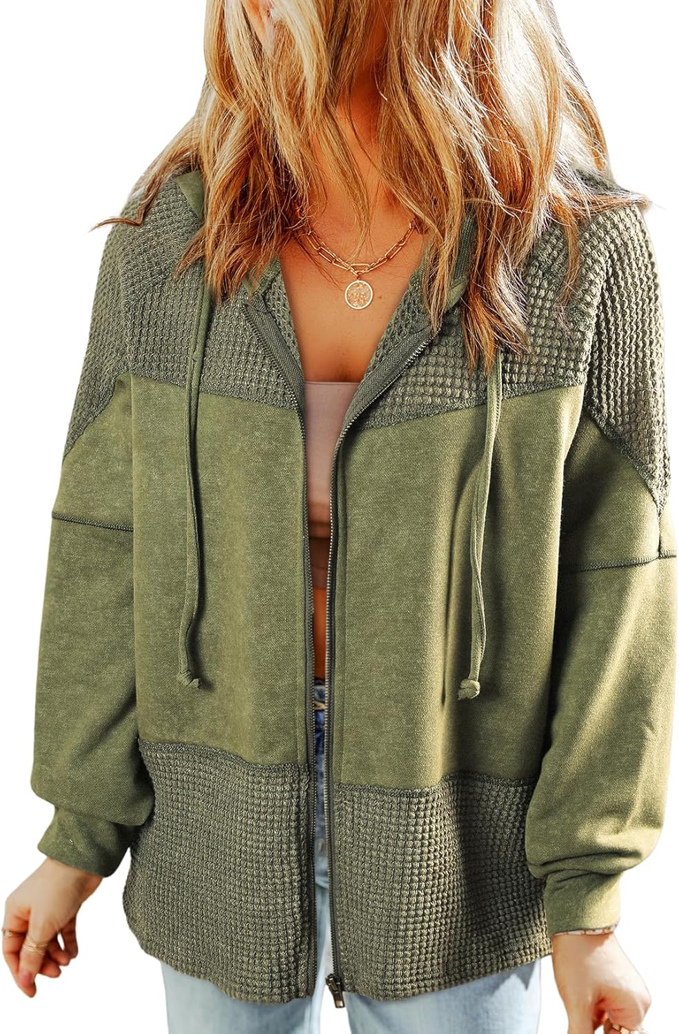 Dokotoo Waffle Knit Hoodies for Women Zip Up Casual Jackets