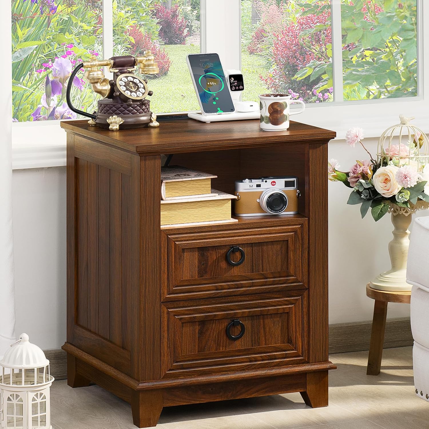 Farmhouse Night Stand with Charging Station and 2 Drawers