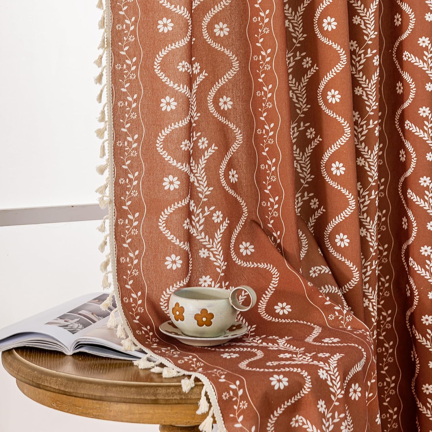 Boho Linen Curtains for Living Room with Vintage Floral Design