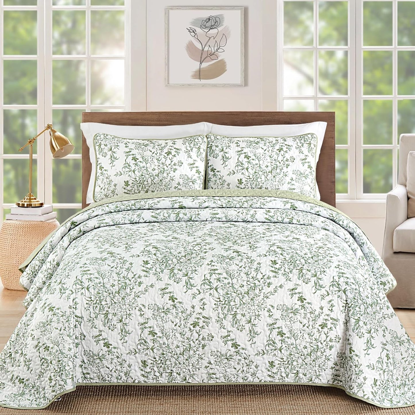 Sage Green Quilt Full Size Set with Botanical Design for All Seasons