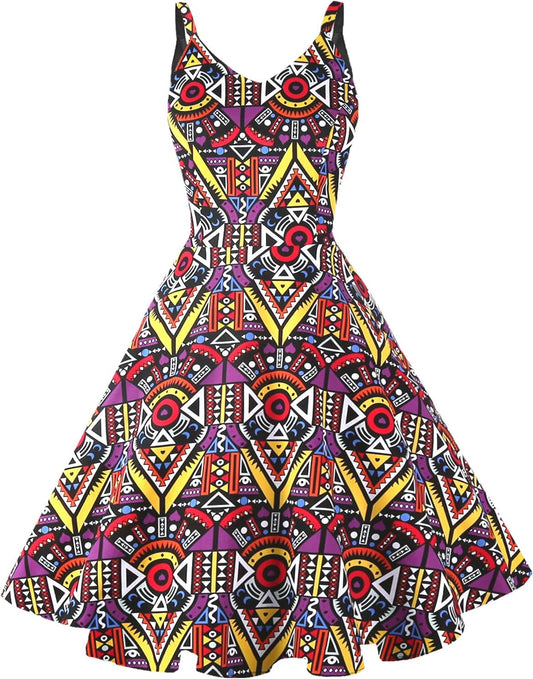 GOOBGS Women's 1950s Retro Vintage Spaghetti Strap Dress