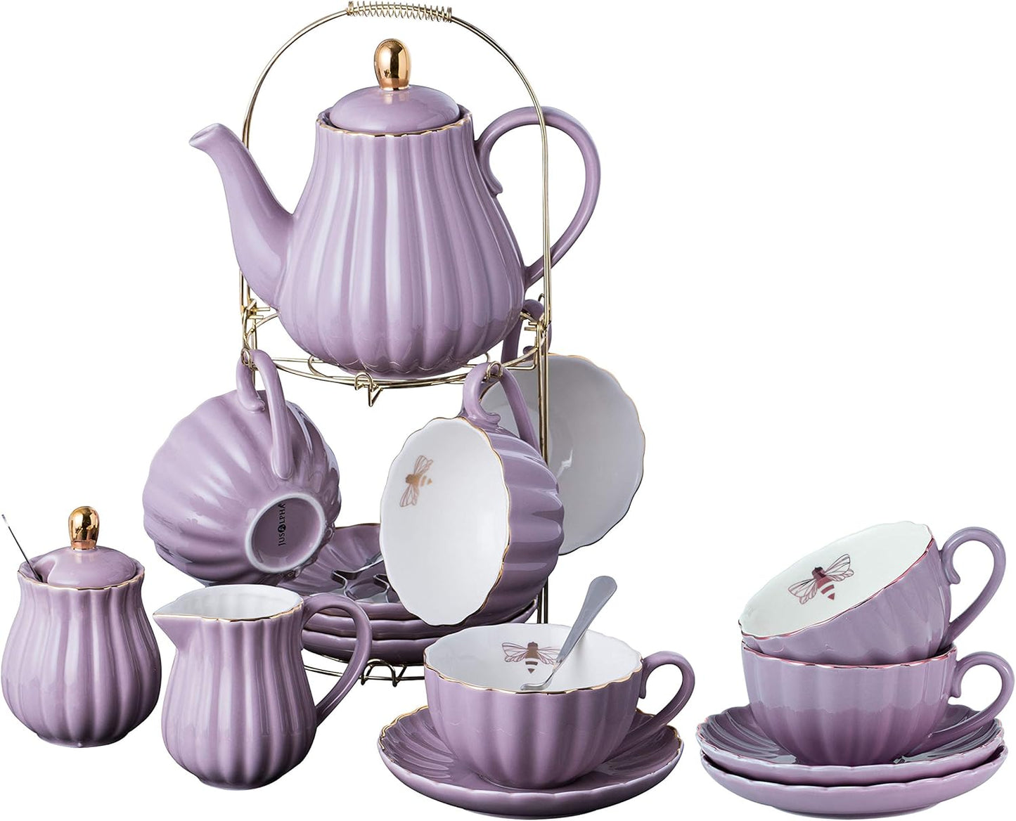 Jusalpha Fine China Pink Coffee Cup Set for 6 with Teapot