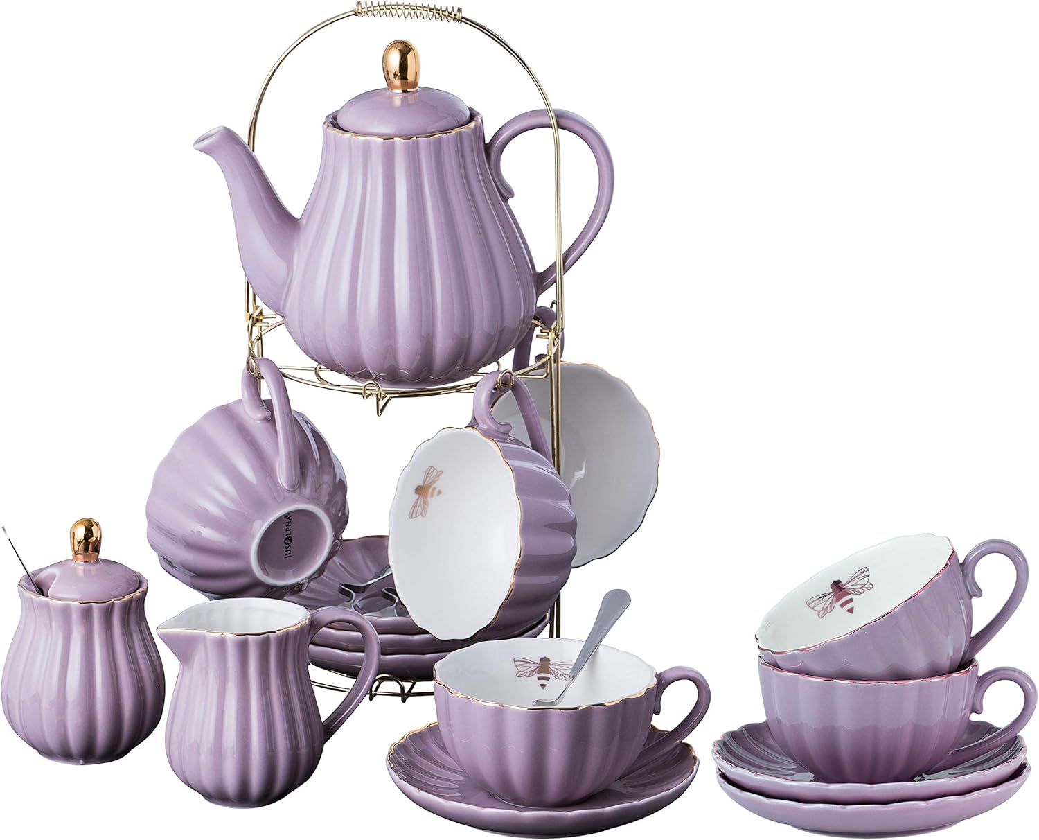 Jusalpha Fine China Pink Coffee Cup Set for 6 with Teapot