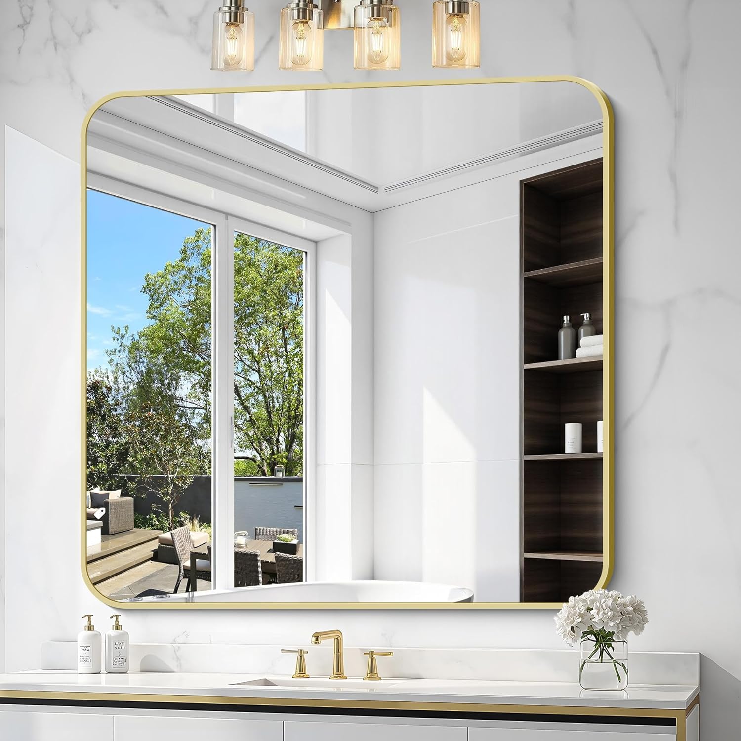 Gold Bathroom Mirror 42x42 Inch Square Metal Framed Design