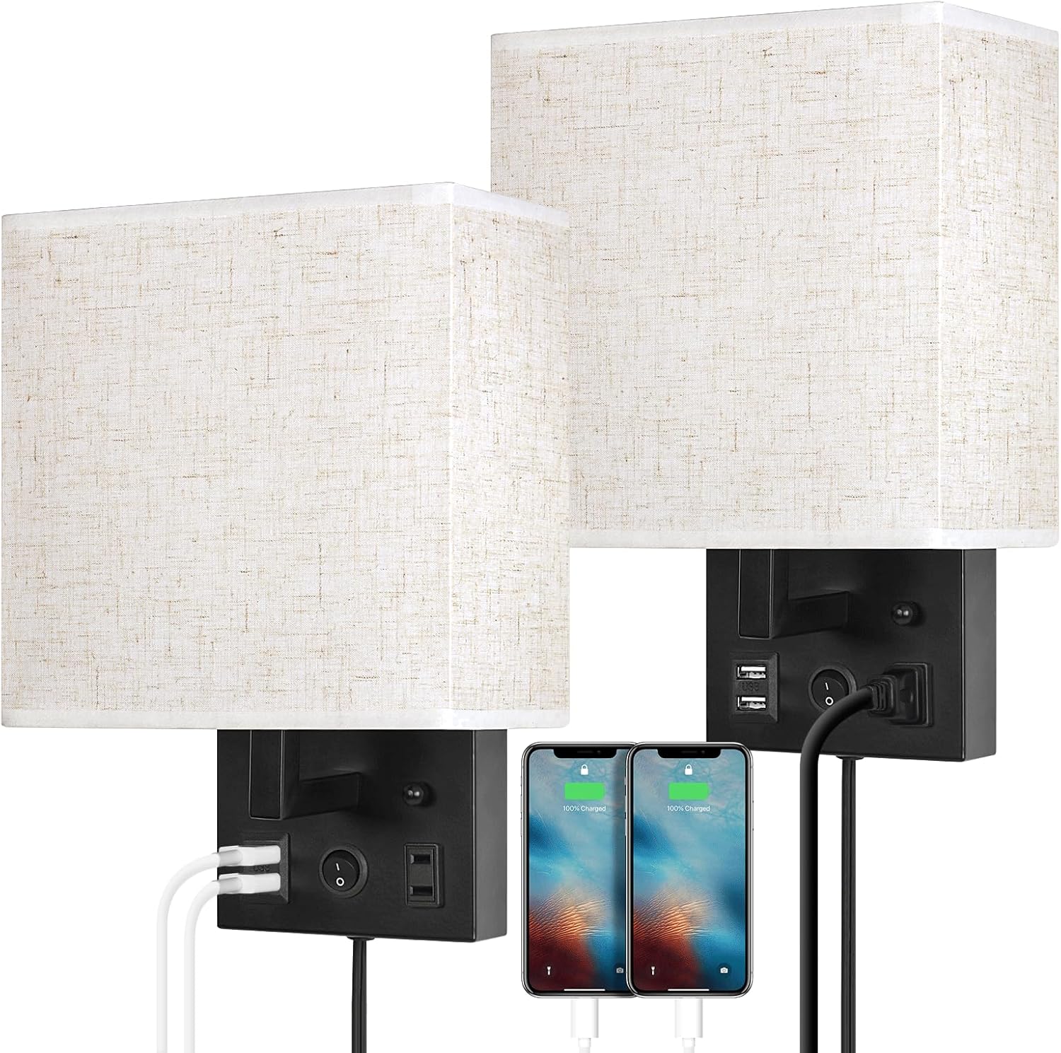 Modern Black Wall Lamp Set of 2 with USB Charging Ports