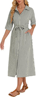 Women's Half Sleeve Plaid Midi Dress V Neck Belted Casual Button Down