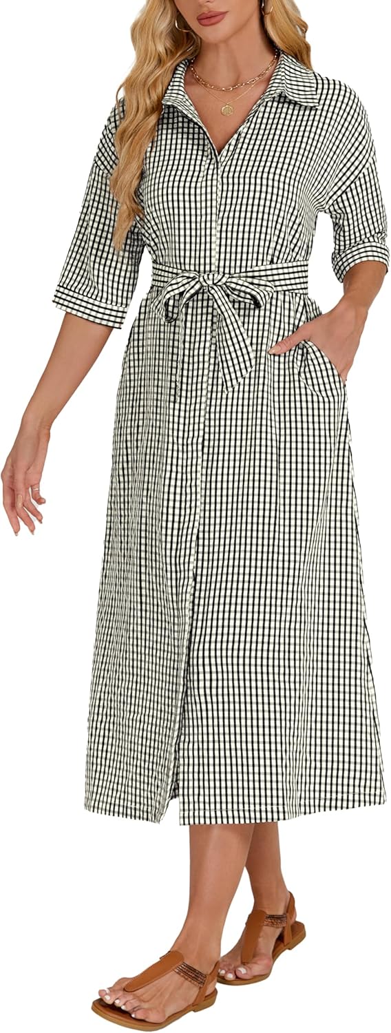 Women's Half Sleeve Plaid Midi Dress for Casual Summer Style