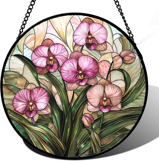 Stained Glass Window Hanging - Pink Phalaenopsis Orchid Decor