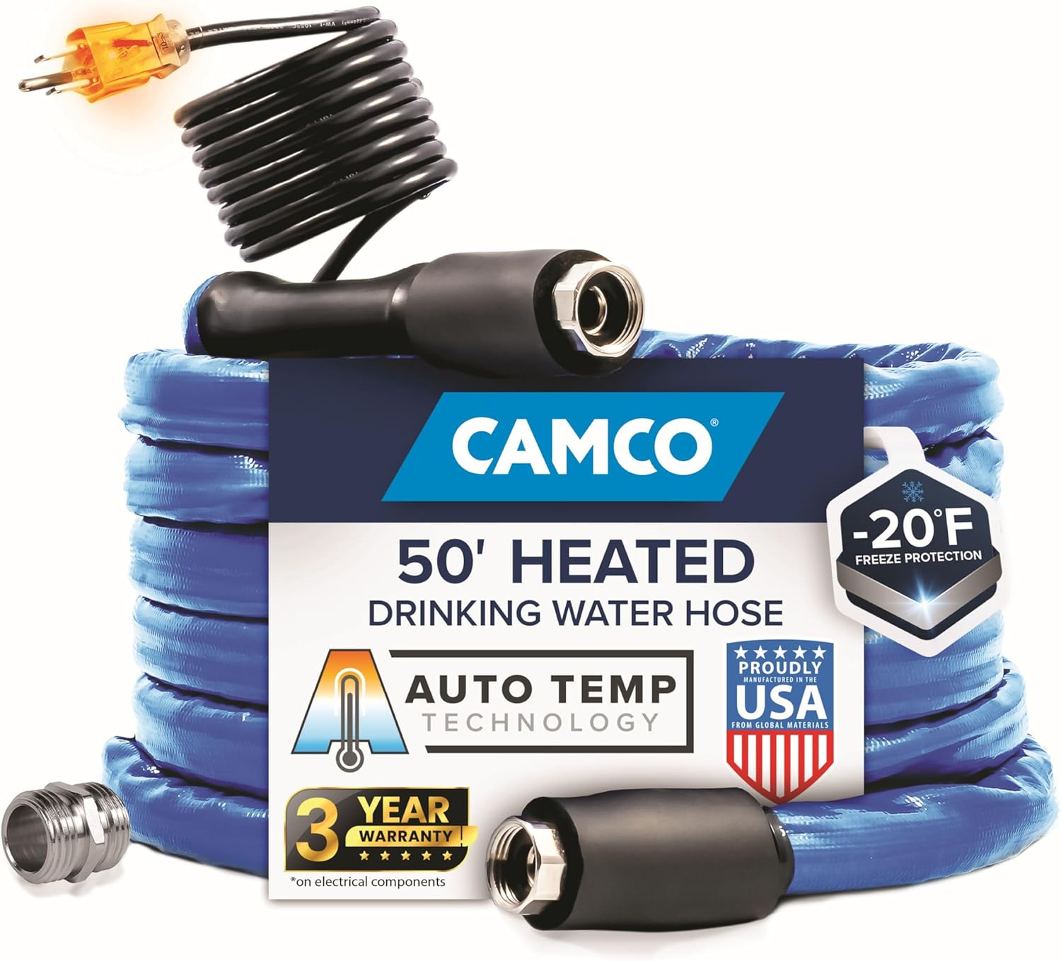 Camco 50ft Heated Water Hose for RV - Prevents Freezing to -20F