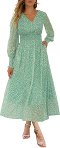 Women's Long Sleeve Floral Maxi Dress Chiffon V-Neck - Flowy Boho