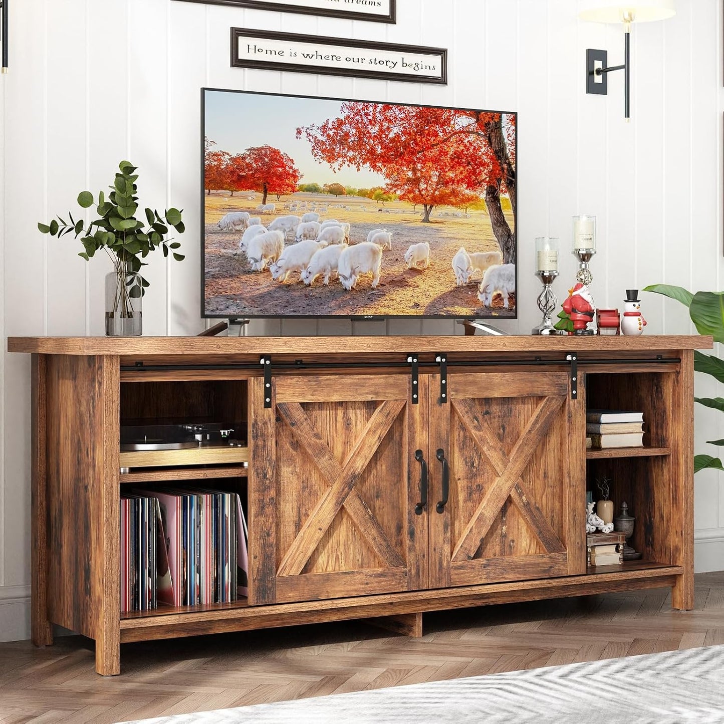 Rustic TV Stand with Sliding Barn Door & Adjustable Shelves
