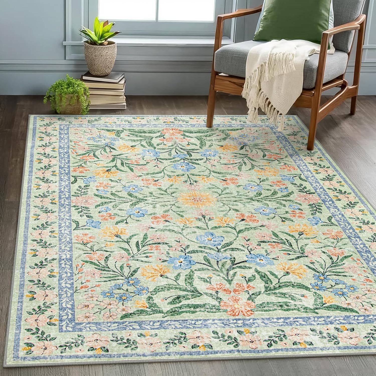 Wonnitar 5x7 Area Rug - Soft Pink and Green Floral Design