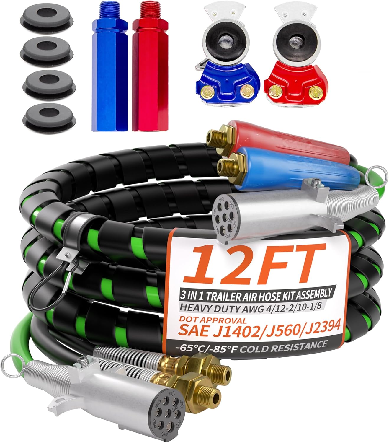 12FT 3 in 1 Trailer Air Line Hose Kit for Semi Trucks