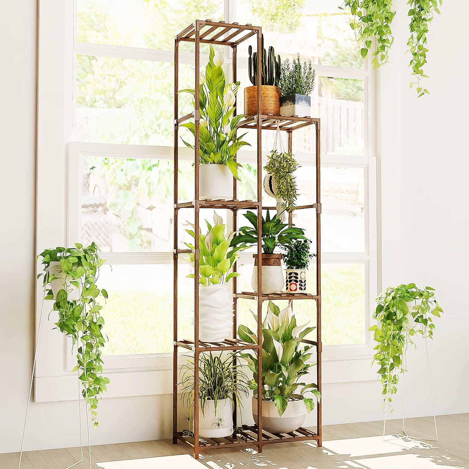 Bamworld Tall Plant Stand for Indoor Outdoor Use - Stylish Wood Rack